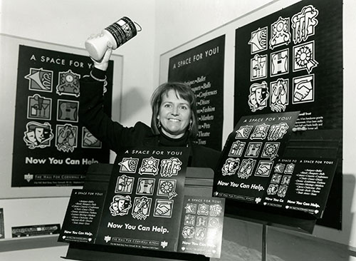 Sarah Smith promotes the ‘A Space For You’ campaign for Hall For Cornwall, c. 1994